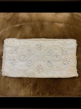 Bon Soir Vintage Ivory Color Satin Pearl Sequin Wedding Zipper Pouch Pur…